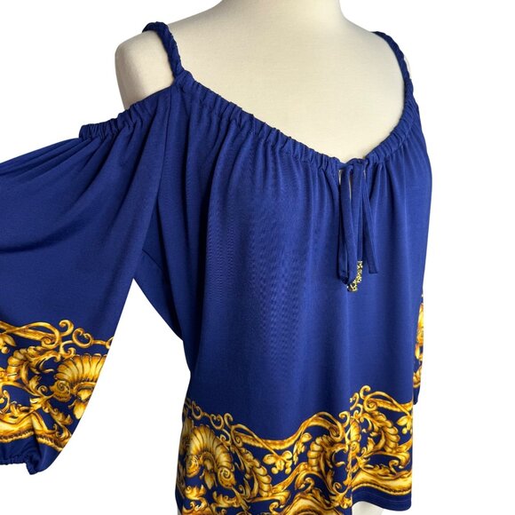Vintage Cache Blue & Gold Baroque Pattern Cold Shoulder Blouse Size Medium - Picture 2 of 10